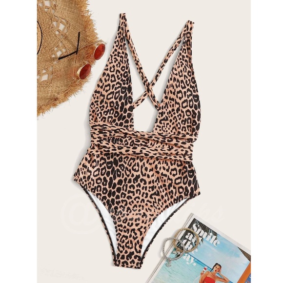 Cheetah Print Deep V Tie Detail One Piece Swimsuit Beige Black Strappy - Picture 2 of 7
